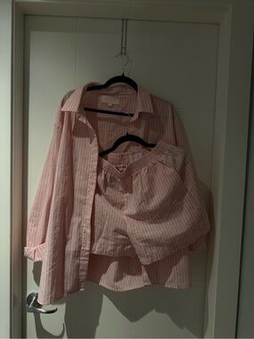 Beginning Boutique Pink and White Striped Button Shirt and Shorts